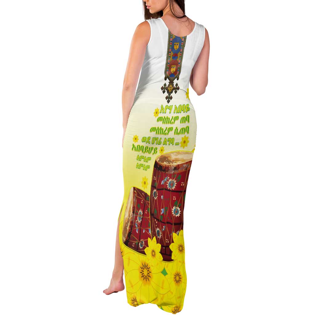 Ethiopian Enkutatash Tank Maxi Dress Kebero Drum With Adey Abeba Flower - Wonder Print Shop