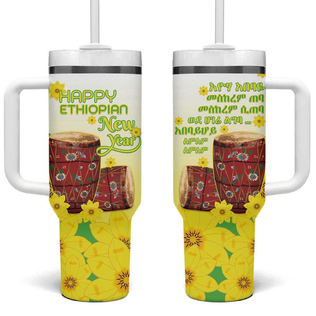 Ethiopian Enkutatash Tumbler With Handle Kebero Drum With Adey Abeba Flower - Wonder Print Shop
