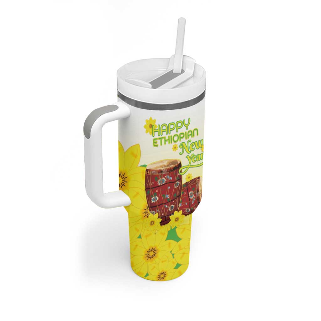 Ethiopian Enkutatash Tumbler With Handle Kebero Drum With Adey Abeba Flower - Wonder Print Shop