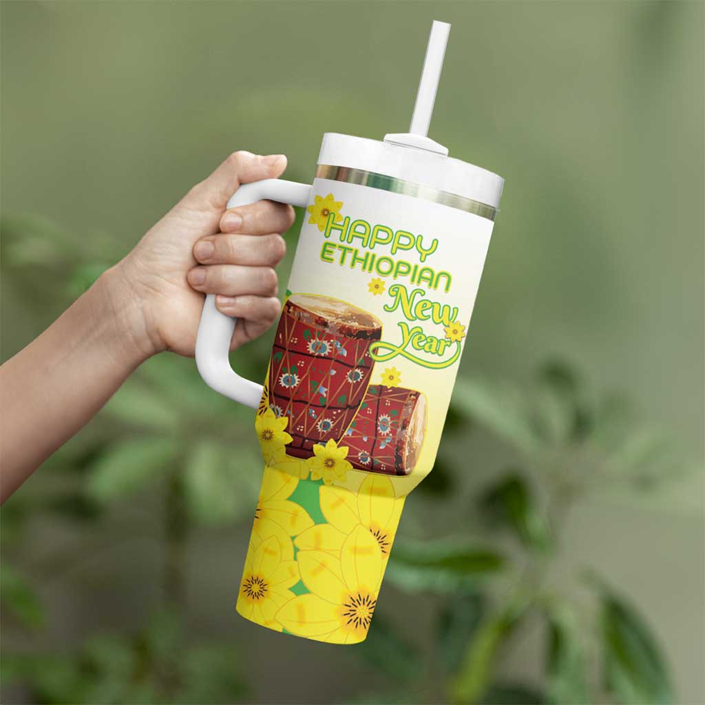 Ethiopian Enkutatash Tumbler With Handle Kebero Drum With Adey Abeba Flower - Wonder Print Shop