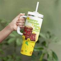 Ethiopian Enkutatash Tumbler With Handle Kebero Drum With Adey Abeba Flower - Wonder Print Shop