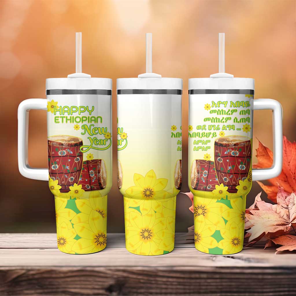 Ethiopian Enkutatash Tumbler With Handle Kebero Drum With Adey Abeba Flower - Wonder Print Shop