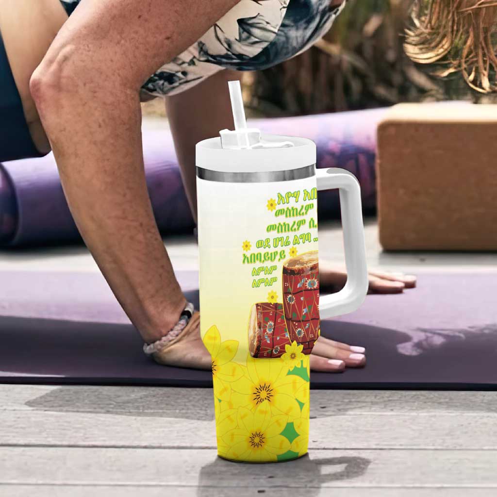 Ethiopian Enkutatash Tumbler With Handle Kebero Drum With Adey Abeba Flower - Wonder Print Shop