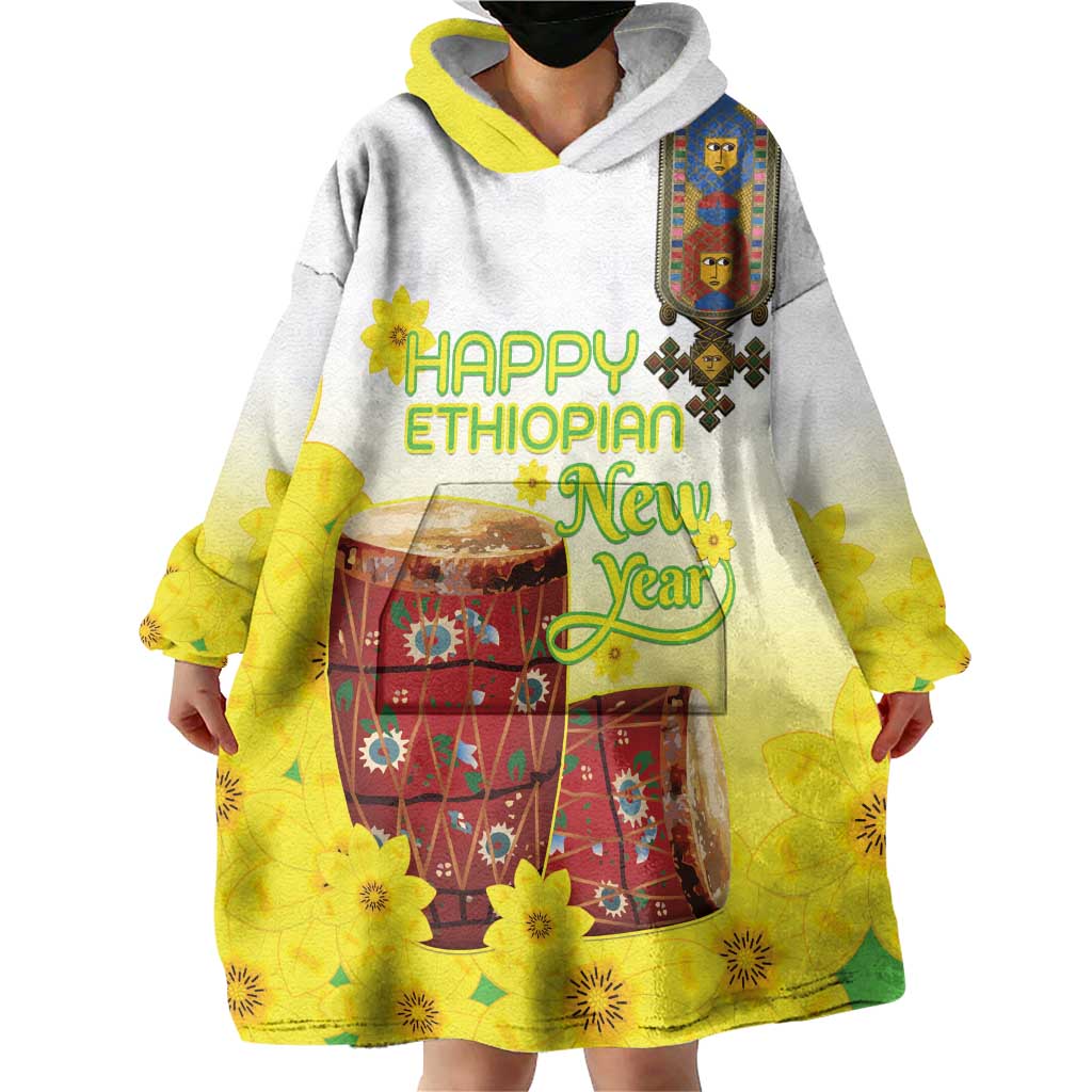 Ethiopian Enkutatash Wearable Blanket Hoodie Kebero Drum With Adey Abeba Flower - Wonder Print Shop