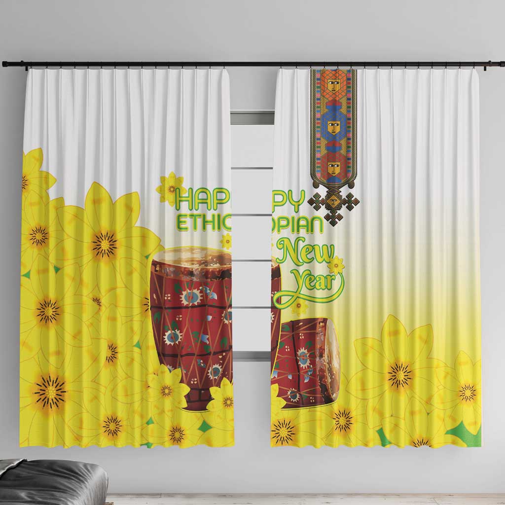 Ethiopian Enkutatash Window Curtain Kebero Drum With Adey Abeba Flower - Wonder Print Shop