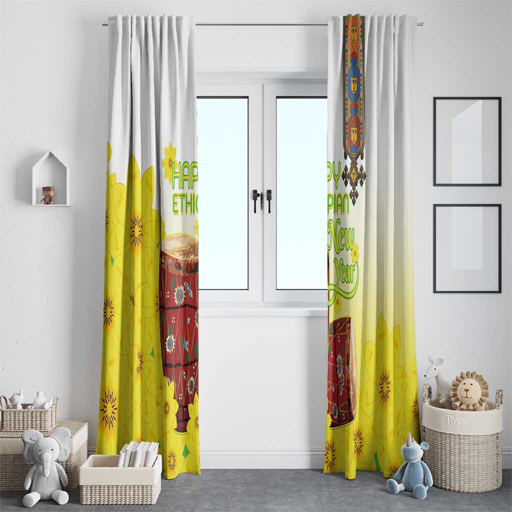 Ethiopian Enkutatash Window Curtain Kebero Drum With Adey Abeba Flower - Wonder Print Shop