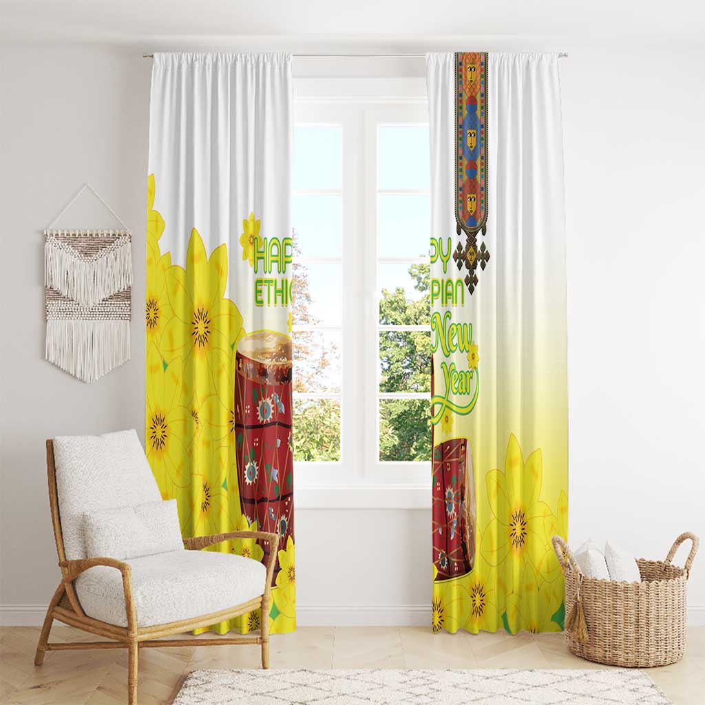Ethiopian Enkutatash Window Curtain Kebero Drum With Adey Abeba Flower - Wonder Print Shop