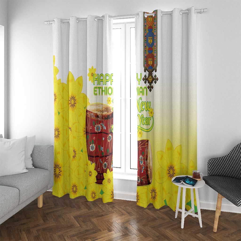 Ethiopian Enkutatash Window Curtain Kebero Drum With Adey Abeba Flower - Wonder Print Shop