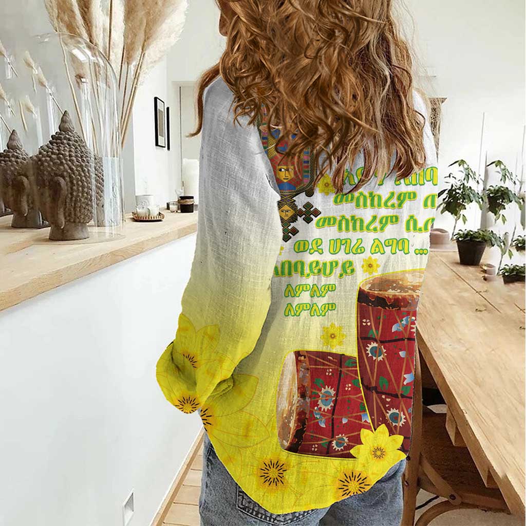 Ethiopian Enkutatash Women Casual Shirt Kebero Drum With Adey Abeba Flower - Wonder Print Shop