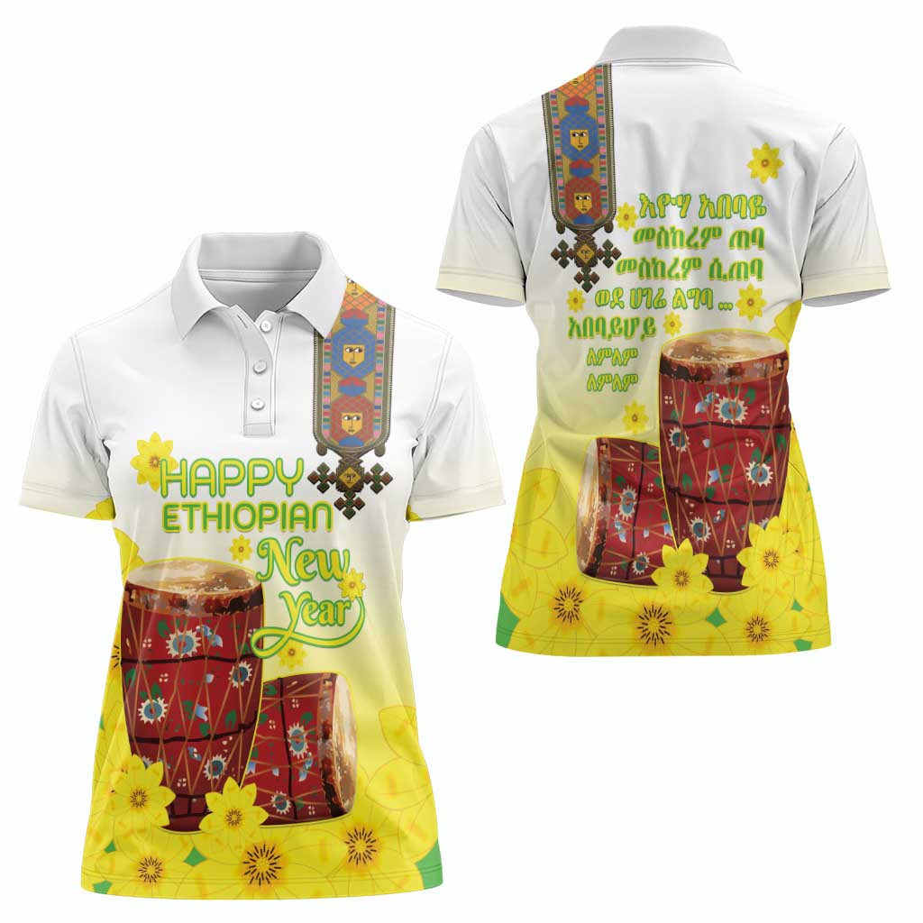Ethiopian Enkutatash Women Polo Shirt Kebero Drum With Adey Abeba Flower - Wonder Print Shop