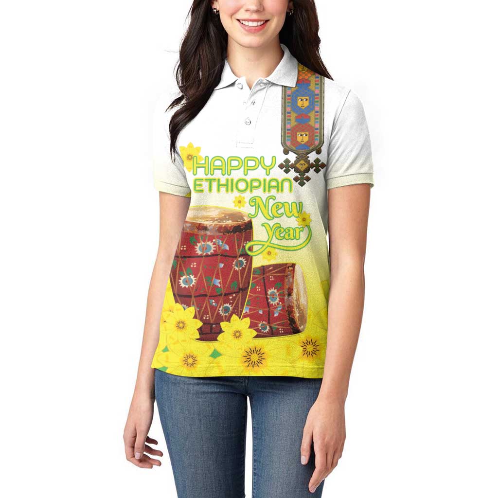 Ethiopian Enkutatash Women Polo Shirt Kebero Drum With Adey Abeba Flower - Wonder Print Shop