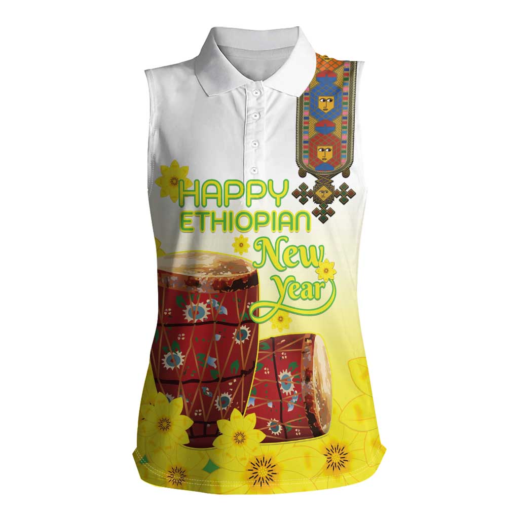 Ethiopian Enkutatash Women Sleeveless Polo Shirt Kebero Drum With Adey Abeba Flower - Wonder Print Shop
