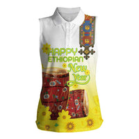 Ethiopian Enkutatash Women Sleeveless Polo Shirt Kebero Drum With Adey Abeba Flower - Wonder Print Shop