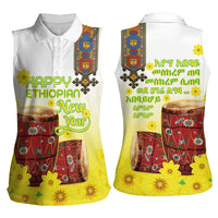Ethiopian Enkutatash Women Sleeveless Polo Shirt Kebero Drum With Adey Abeba Flower - Wonder Print Shop