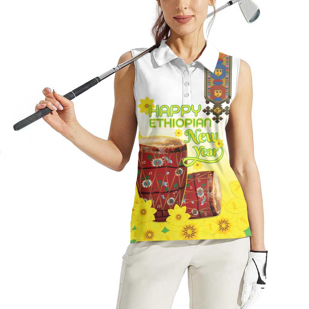 Ethiopian Enkutatash Women Sleeveless Polo Shirt Kebero Drum With Adey Abeba Flower - Wonder Print Shop