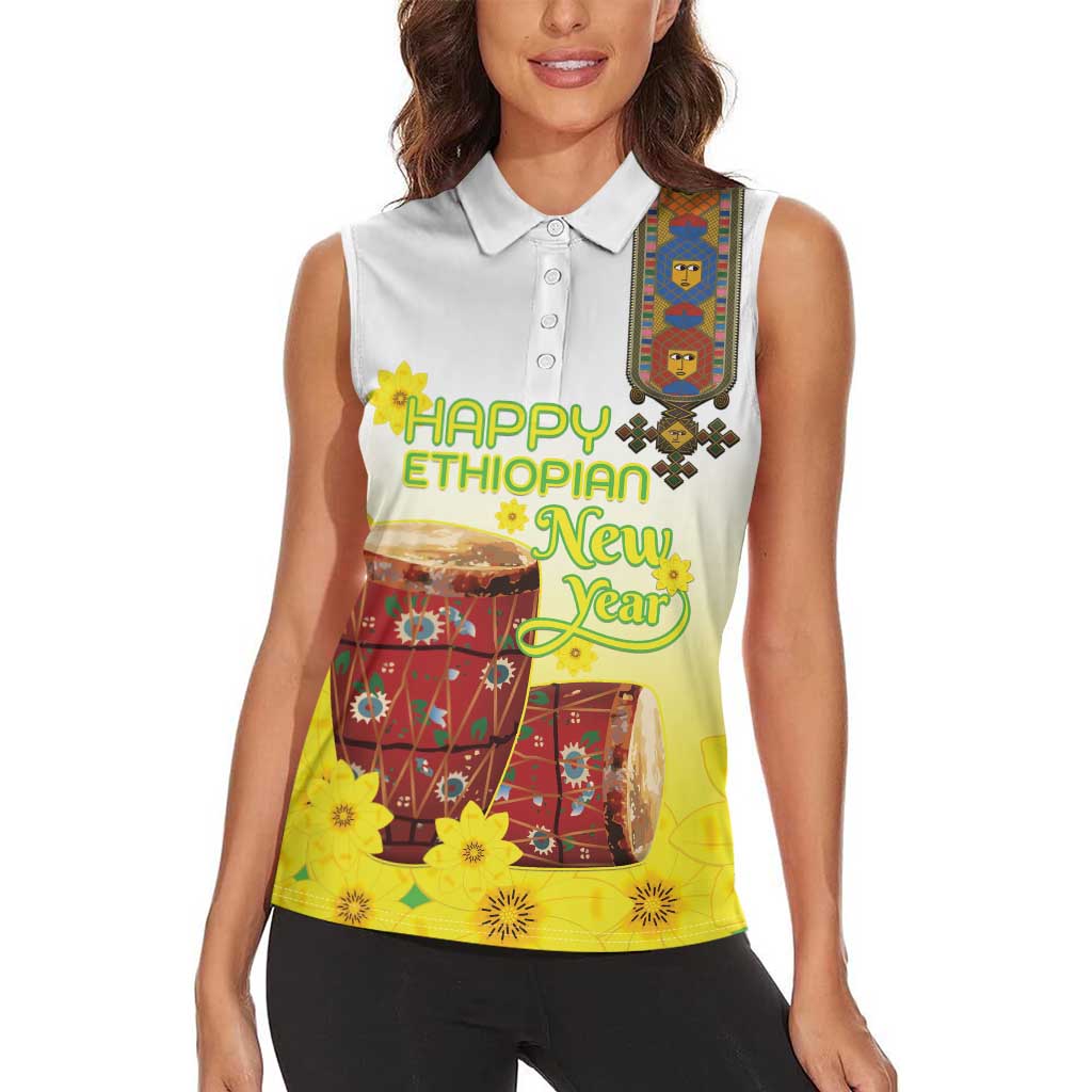 Ethiopian Enkutatash Women Sleeveless Polo Shirt Kebero Drum With Adey Abeba Flower - Wonder Print Shop