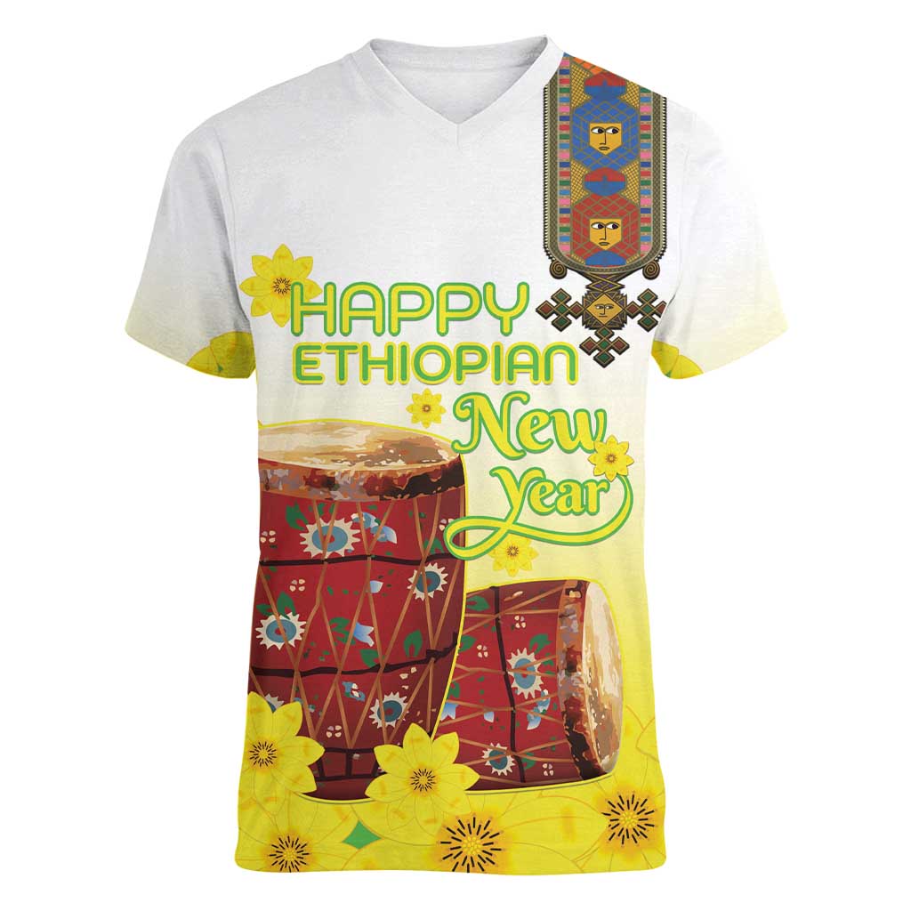 Ethiopian Enkutatash Women V-Neck T-Shirt Kebero Drum With Adey Abeba Flower - Wonder Print Shop
