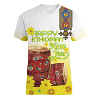 Ethiopian Enkutatash Women V-Neck T-Shirt Kebero Drum With Adey Abeba Flower - Wonder Print Shop