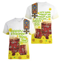 Ethiopian Enkutatash Women V-Neck T-Shirt Kebero Drum With Adey Abeba Flower - Wonder Print Shop