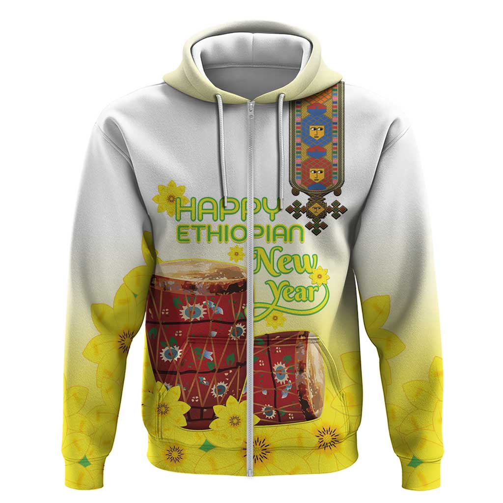 Ethiopian Enkutatash Zip Hoodie Kebero Drum With Adey Abeba Flower - Wonder Print Shop