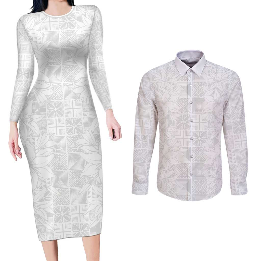 Nigeria Osun-Osogbo Festival Couples Matching Long Sleeve Bodycon Dress and Long Sleeve Button Shirt White Lily Lei With Yoruba Pattern - Wonder Print Shop