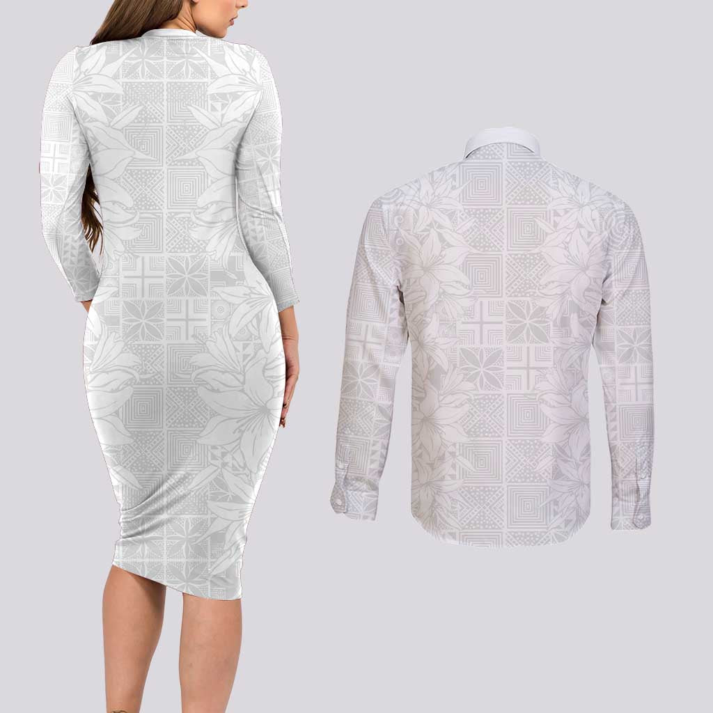Nigeria Osun-Osogbo Festival Couples Matching Long Sleeve Bodycon Dress and Long Sleeve Button Shirt White Lily Lei With Yoruba Pattern - Wonder Print Shop