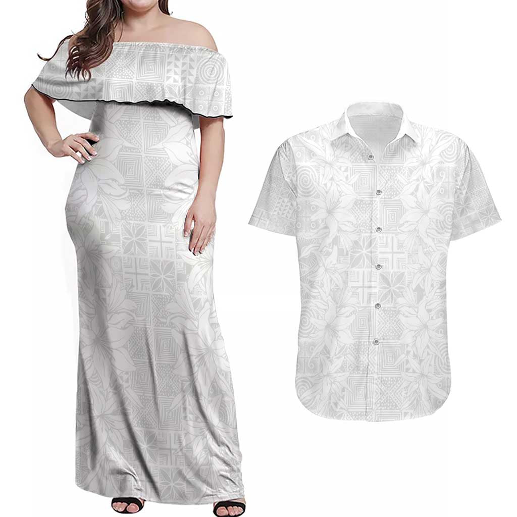 Nigeria Osun-Osogbo Festival Couples Matching Off Shoulder Maxi Dress and Hawaiian Shirt White Lily Lei With Yoruba Pattern - Wonder Print Shop