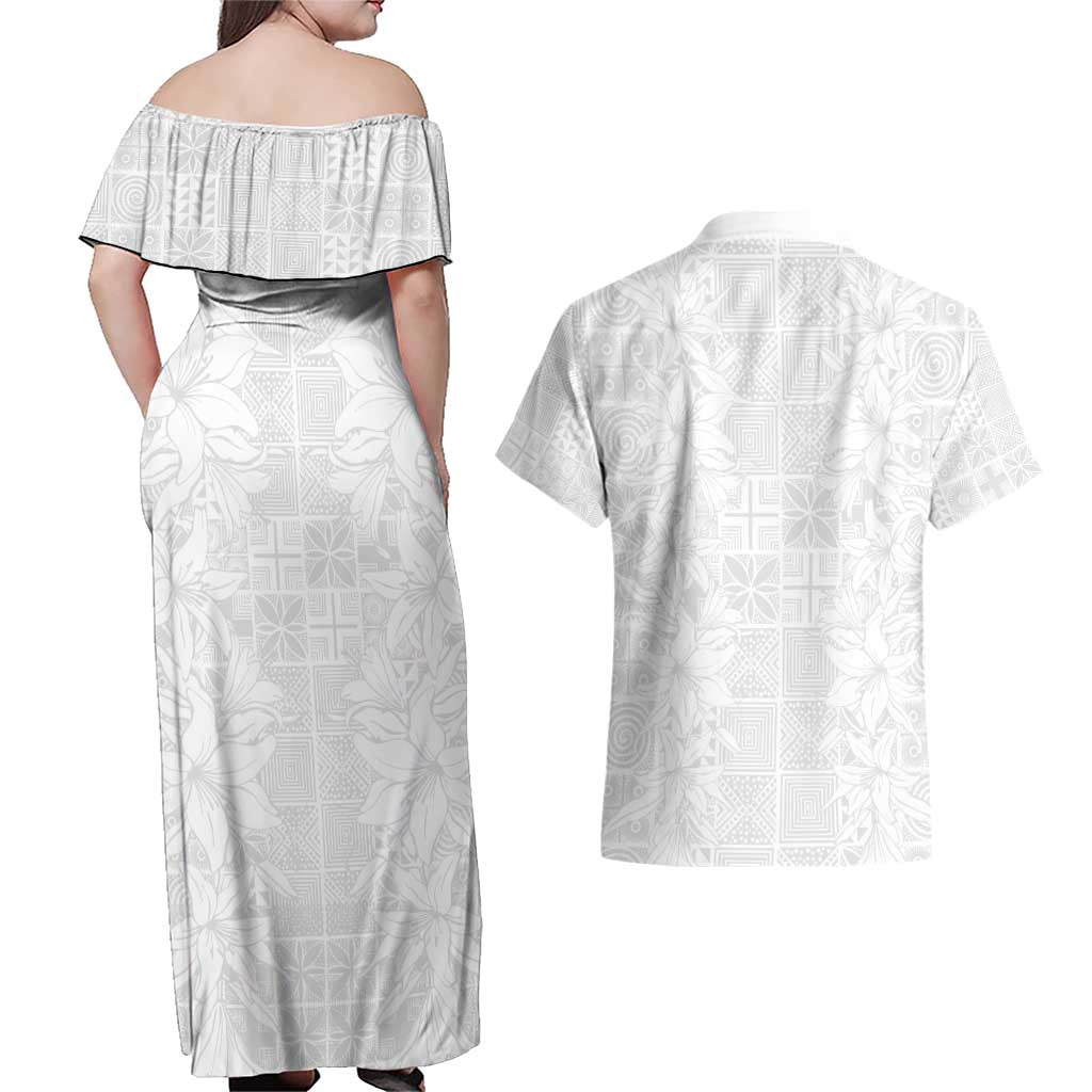 Nigeria Osun-Osogbo Festival Couples Matching Off Shoulder Maxi Dress and Hawaiian Shirt White Lily Lei With Yoruba Pattern - Wonder Print Shop