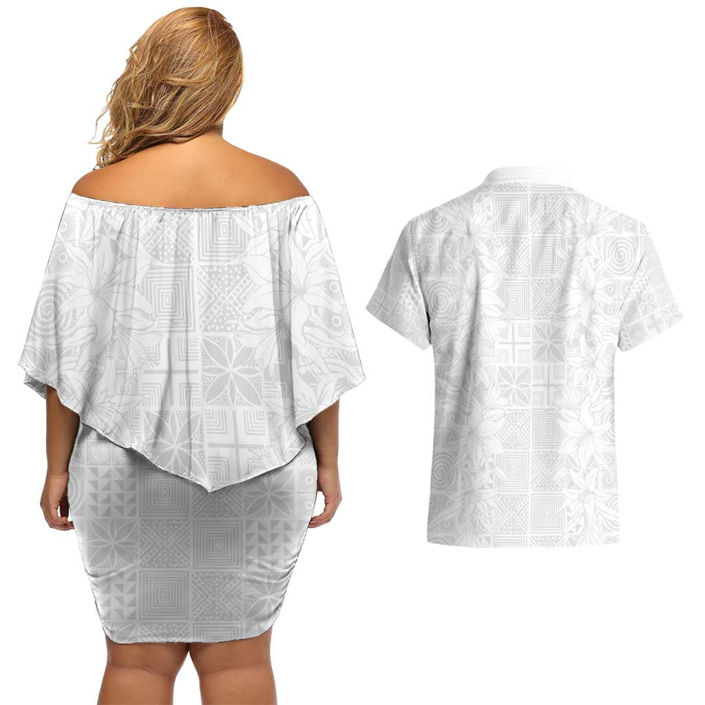 Nigeria Osun-Osogbo Festival Couples Matching Off Shoulder Short Dress and Hawaiian Shirt White Lily Lei With Yoruba Pattern - Wonder Print Shop