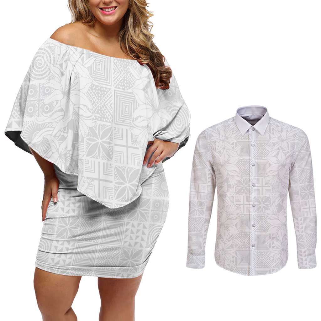 Nigeria Osun-Osogbo Festival Couples Matching Off Shoulder Short Dress and Long Sleeve Button Shirt White Lily Lei With Yoruba Pattern - Wonder Print Shop