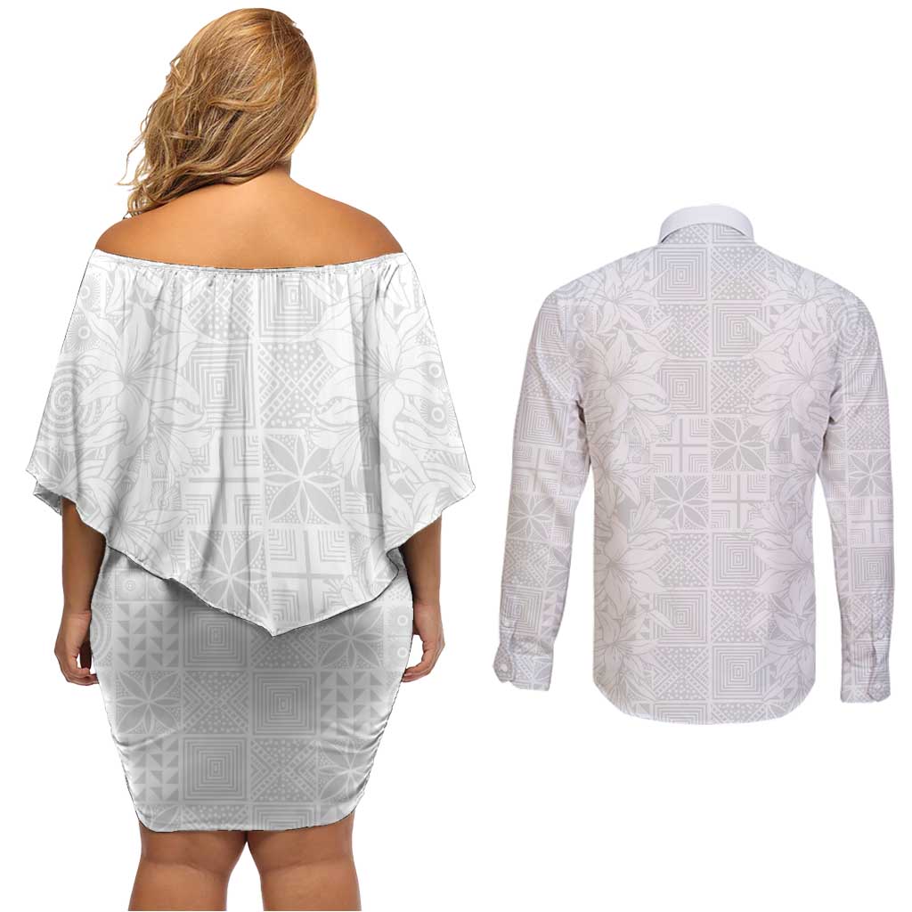 Nigeria Osun-Osogbo Festival Couples Matching Off Shoulder Short Dress and Long Sleeve Button Shirt White Lily Lei With Yoruba Pattern - Wonder Print Shop