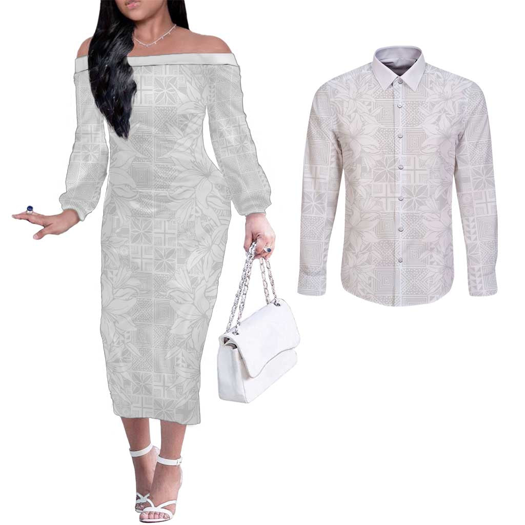 Nigeria Osun-Osogbo Festival Couples Matching Off The Shoulder Long Sleeve Dress and Long Sleeve Button Shirt White Lily Lei With Yoruba Pattern - Wonder Print Shop
