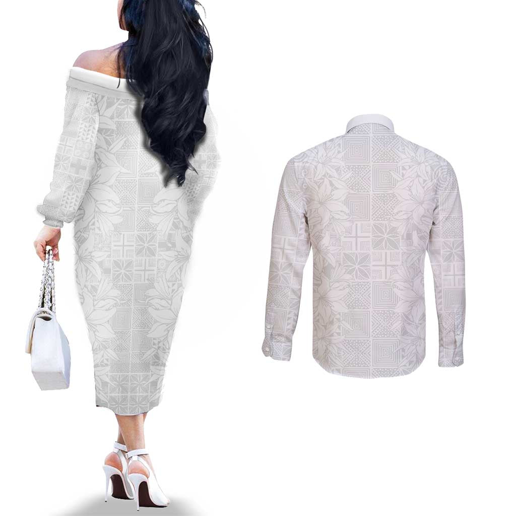 Nigeria Osun-Osogbo Festival Couples Matching Off The Shoulder Long Sleeve Dress and Long Sleeve Button Shirt White Lily Lei With Yoruba Pattern - Wonder Print Shop