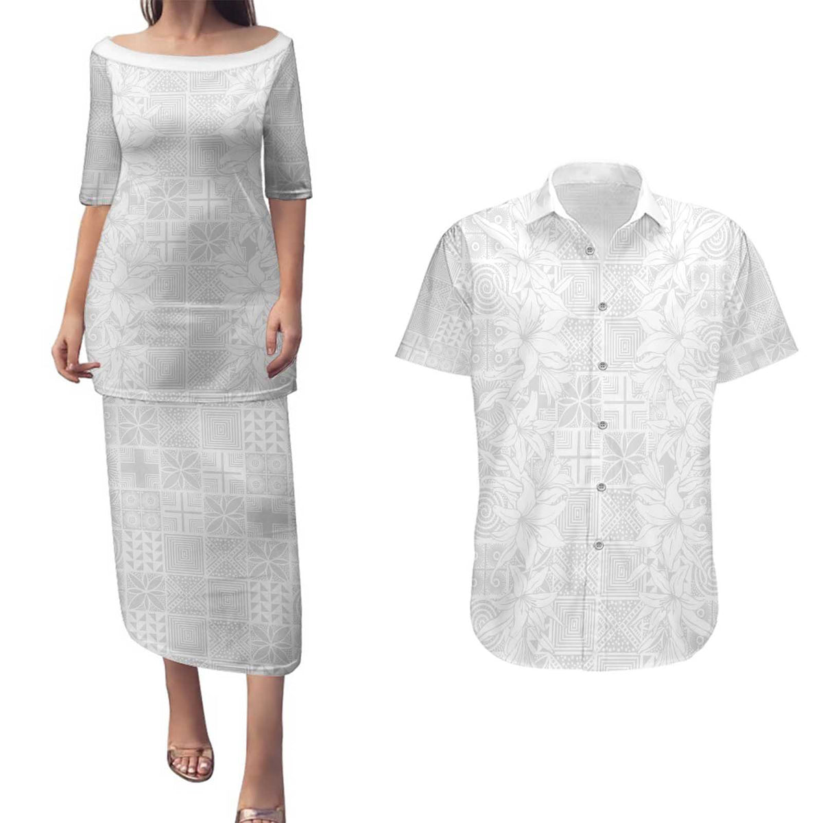 Nigeria Osun-Osogbo Festival Couples Matching Puletasi and Hawaiian Shirt White Lily Lei With Yoruba Pattern - Wonder Print Shop