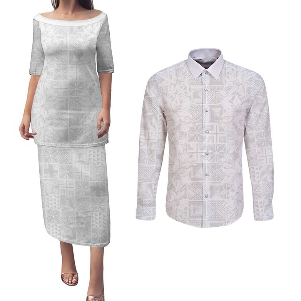 Nigeria Osun-Osogbo Festival Couples Matching Puletasi and Long Sleeve Button Shirt White Lily Lei With Yoruba Pattern - Wonder Print Shop
