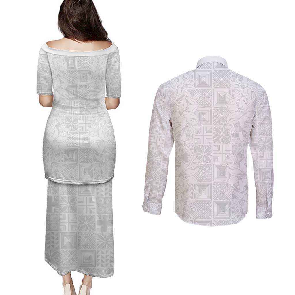 Nigeria Osun-Osogbo Festival Couples Matching Puletasi and Long Sleeve Button Shirt White Lily Lei With Yoruba Pattern - Wonder Print Shop