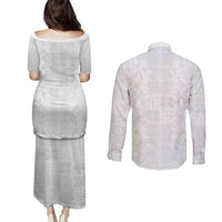 Nigeria Osun-Osogbo Festival Couples Matching Puletasi and Long Sleeve Button Shirt White Lily Lei With Yoruba Pattern - Wonder Print Shop