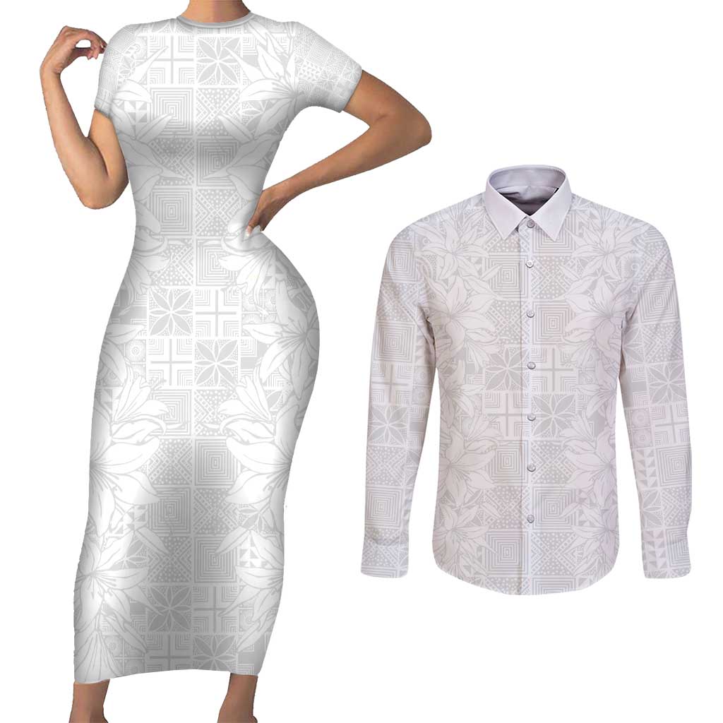 Nigeria Osun-Osogbo Festival Couples Matching Short Sleeve Bodycon Dress and Long Sleeve Button Shirt White Lily Lei With Yoruba Pattern - Wonder Print Shop