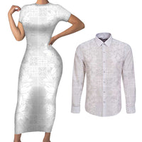 Nigeria Osun-Osogbo Festival Couples Matching Short Sleeve Bodycon Dress and Long Sleeve Button Shirt White Lily Lei With Yoruba Pattern - Wonder Print Shop