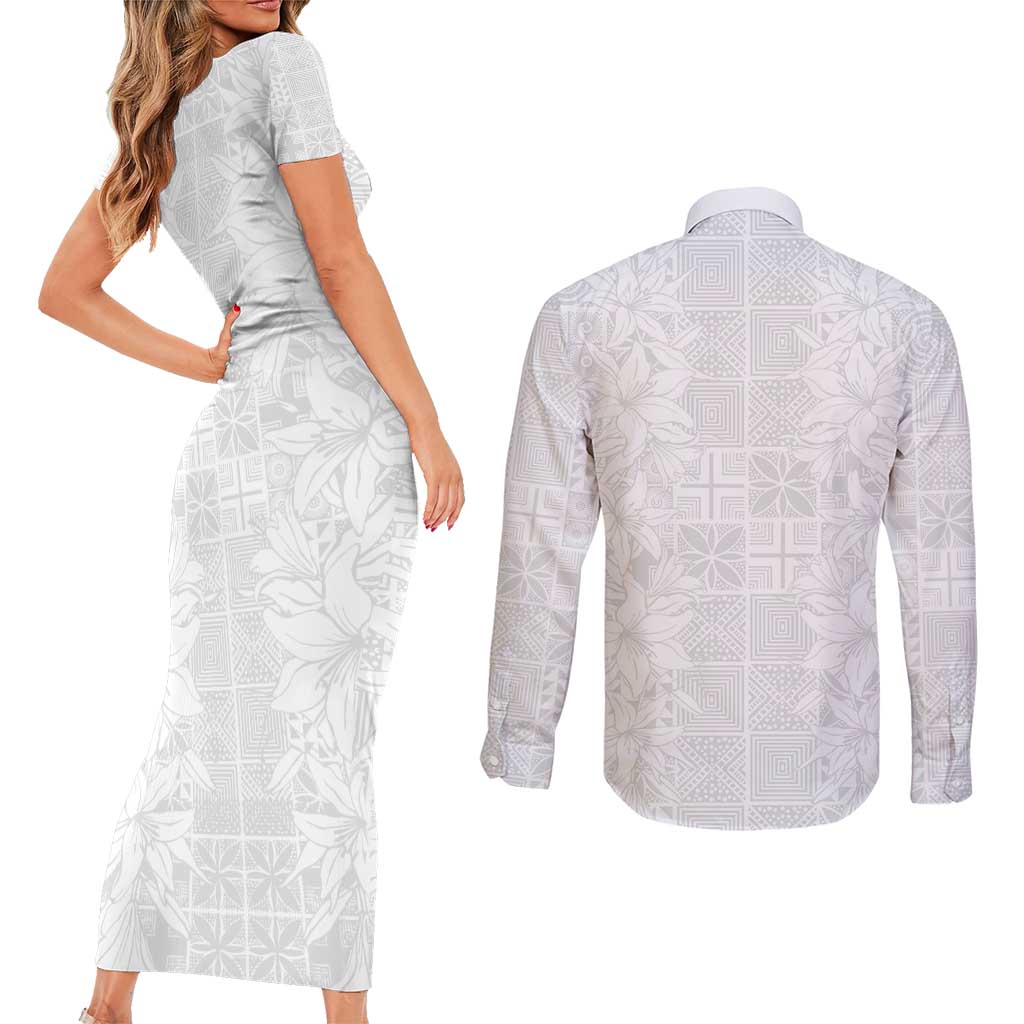 Nigeria Osun-Osogbo Festival Couples Matching Short Sleeve Bodycon Dress and Long Sleeve Button Shirt White Lily Lei With Yoruba Pattern - Wonder Print Shop
