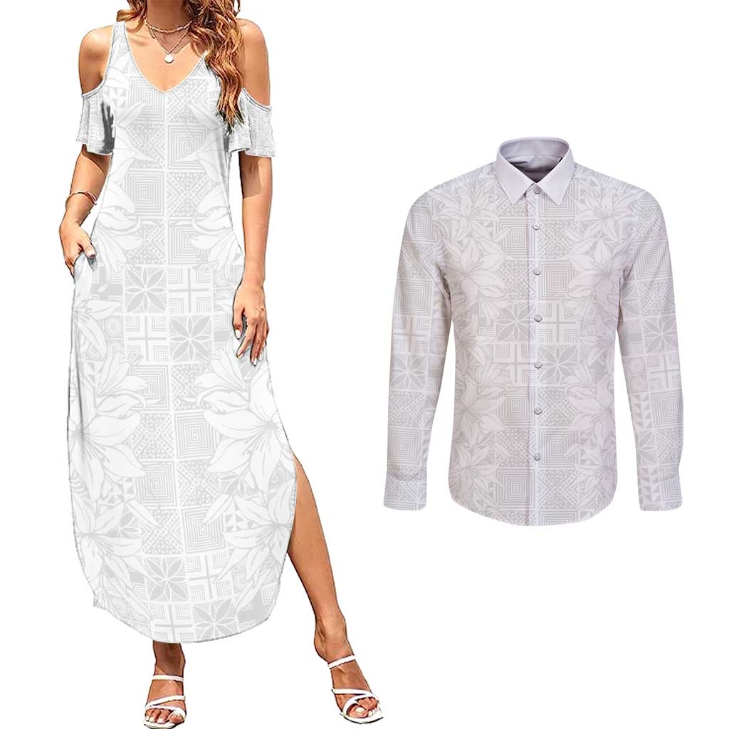 Nigeria Osun-Osogbo Festival Couples Matching Summer Maxi Dress and Long Sleeve Button Shirt White Lily Lei With Yoruba Pattern - Wonder Print Shop