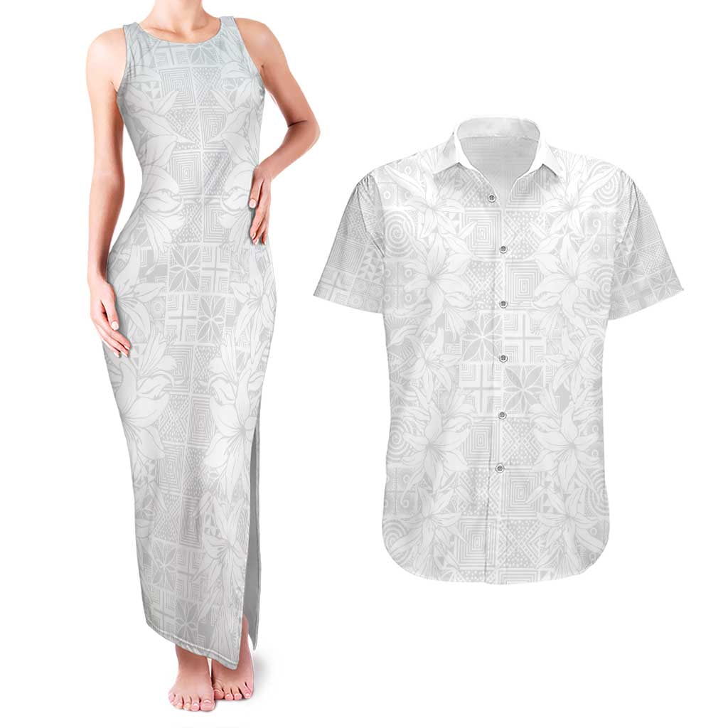 Nigeria Osun-Osogbo Festival Couples Matching Tank Maxi Dress and Hawaiian Shirt White Lily Lei With Yoruba Pattern - Wonder Print Shop