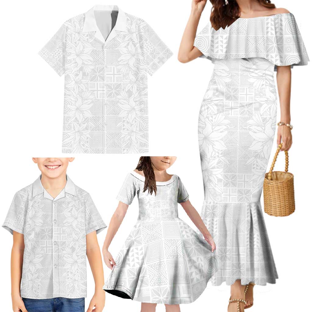 Nigeria Osun-Osogbo Festival Family Matching Mermaid Dress and Hawaiian Shirt White Lily Lei With Yoruba Pattern - Wonder Print Shop