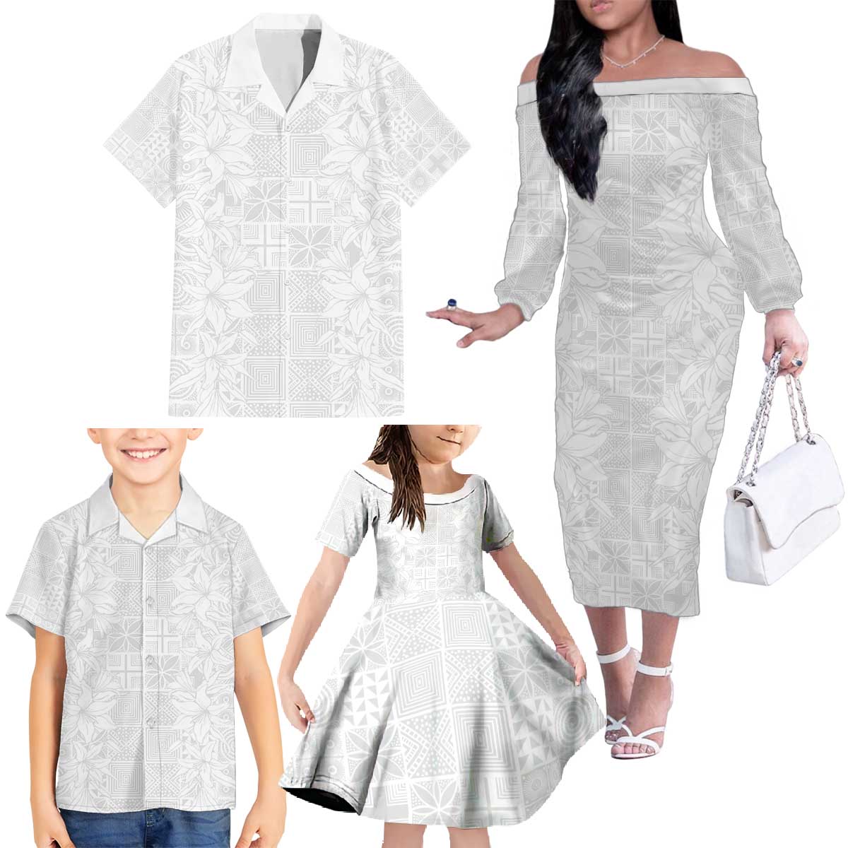 Nigeria Osun-Osogbo Festival Family Matching Off The Shoulder Long Sleeve Dress and Hawaiian Shirt White Lily Lei With Yoruba Pattern - Wonder Print Shop