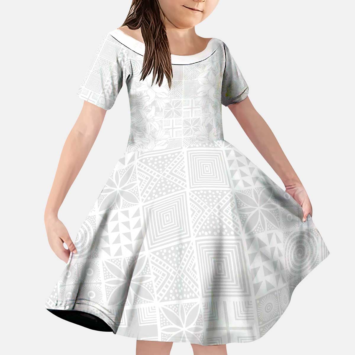 Nigeria Osun-Osogbo Festival Kid Short Sleeve Dress White Lily Lei With Yoruba Pattern - Wonder Print Shop