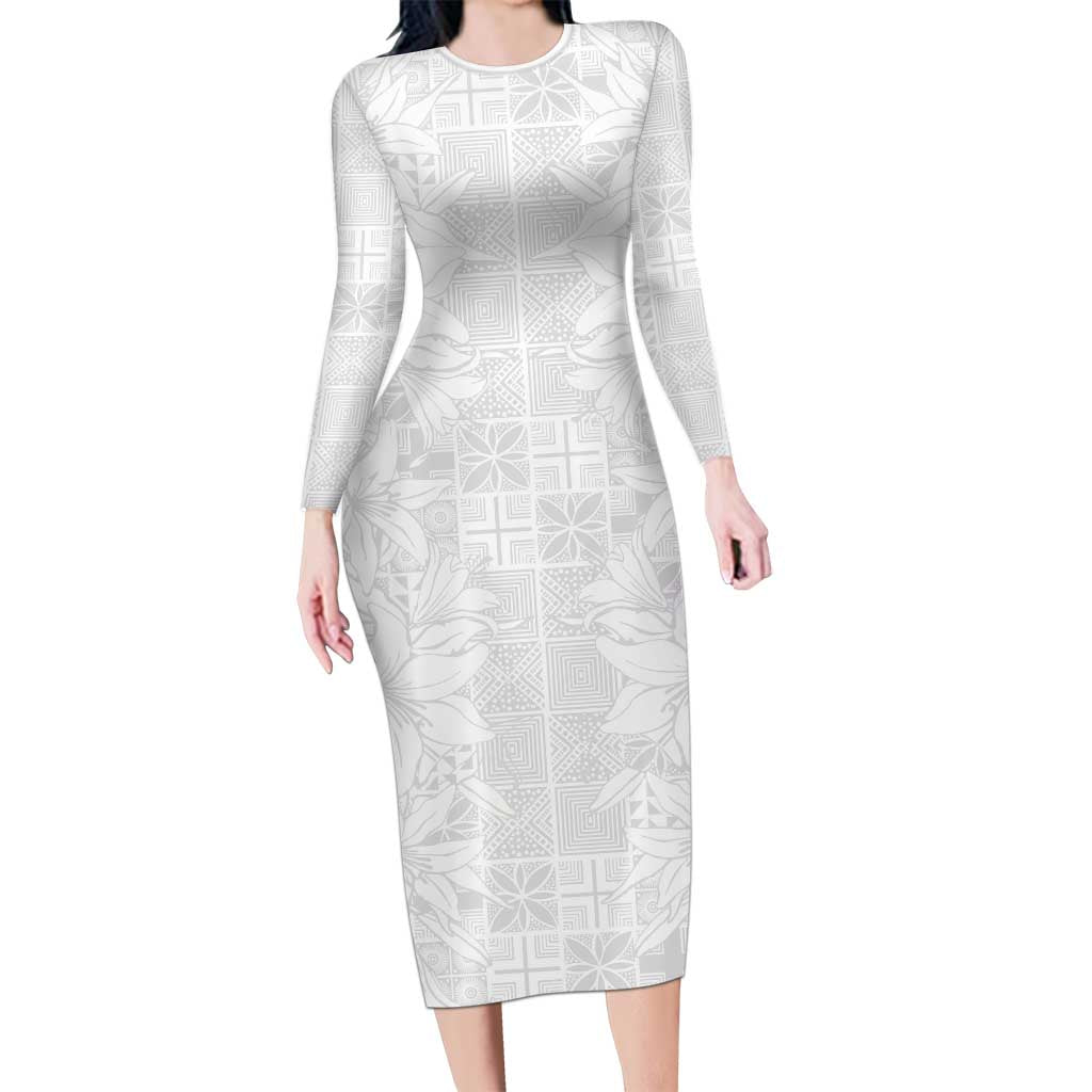 Nigeria Osun-Osogbo Festival Long Sleeve Bodycon Dress White Lily Lei With Yoruba Pattern - Wonder Print Shop