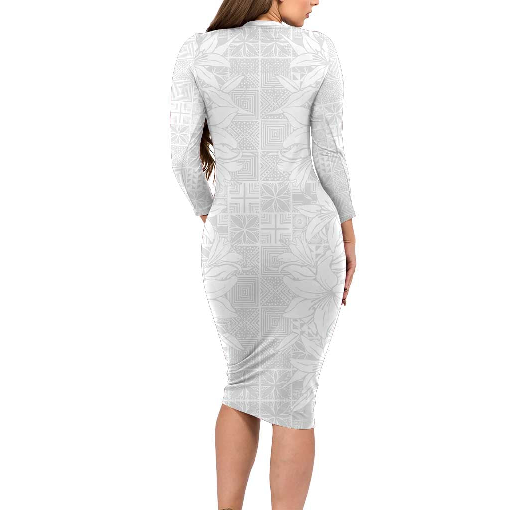 Nigeria Osun-Osogbo Festival Long Sleeve Bodycon Dress White Lily Lei With Yoruba Pattern - Wonder Print Shop