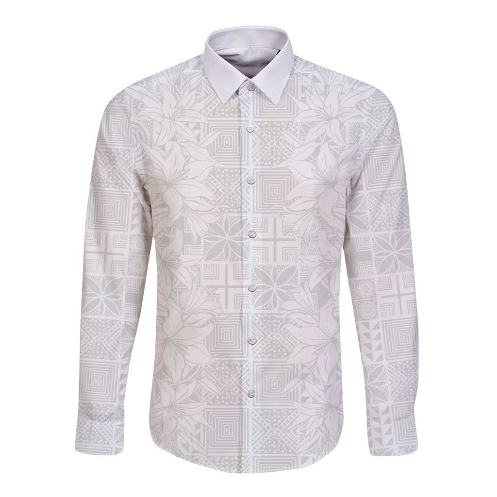Nigeria Osun-Osogbo Festival Long Sleeve Button Shirt White Lily Lei With Yoruba Pattern - Wonder Print Shop