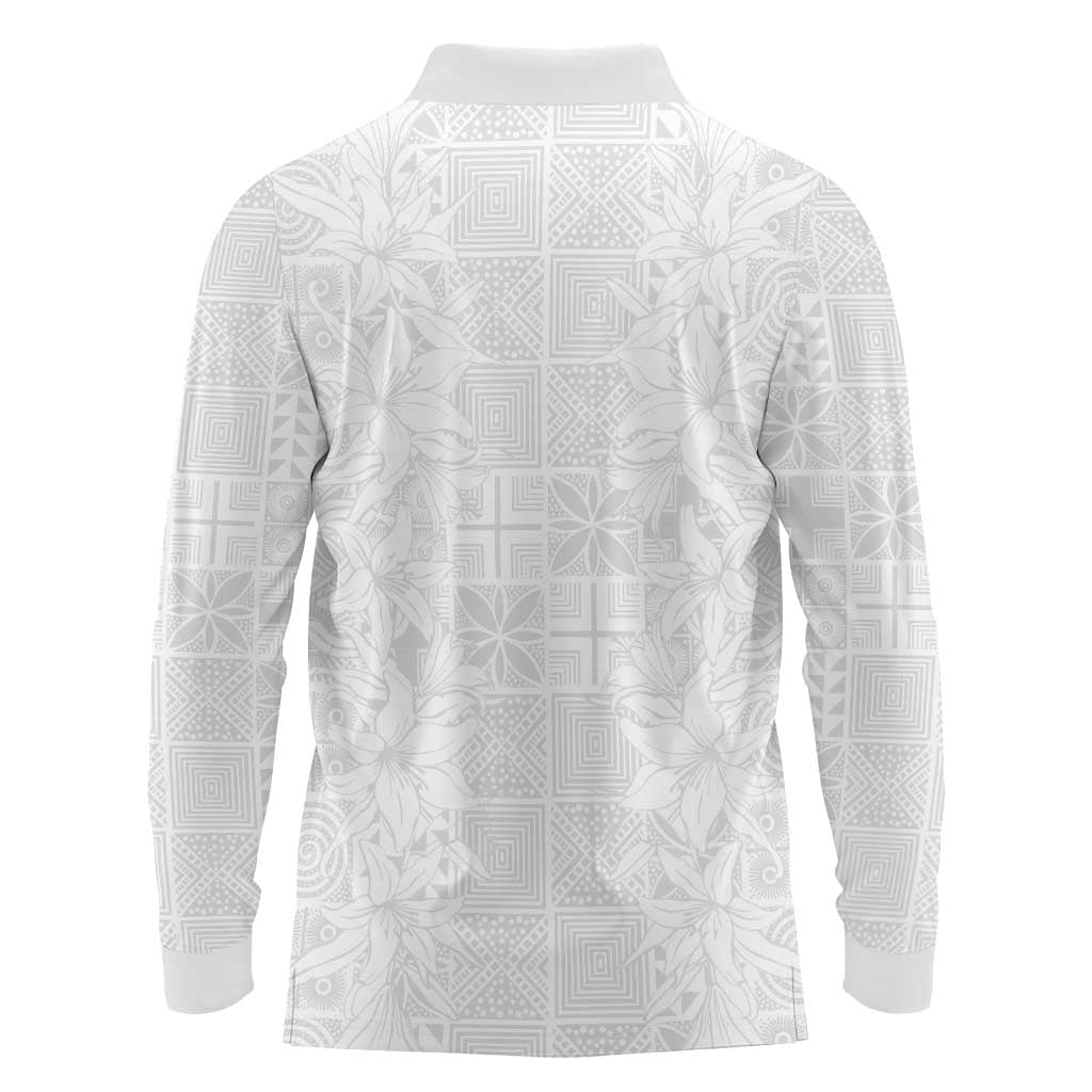 Nigeria Osun-Osogbo Festival Long Sleeve Polo Shirt White Lily Lei With Yoruba Pattern - Wonder Print Shop