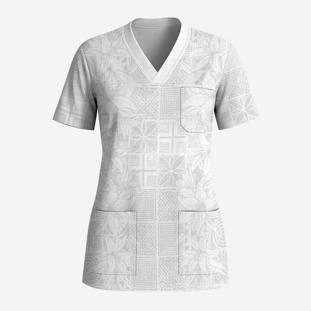 Nigeria Osun-Osogbo Festival Scrub Top White Lily Lei With Yoruba Pattern - Wonder Print Shop